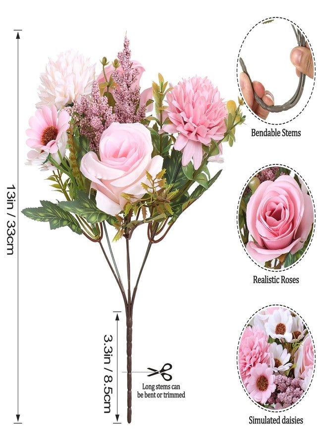Dremisland Fake Flower Bouquets,2 Packs Silk Rose Daisy Bouquet Artificial Flower Arrangement Realistic Rose Bouquets for Centerpiece Table Wedding Party Kitchen Bride Home Decor (Pink, 2PCS) - Image 3