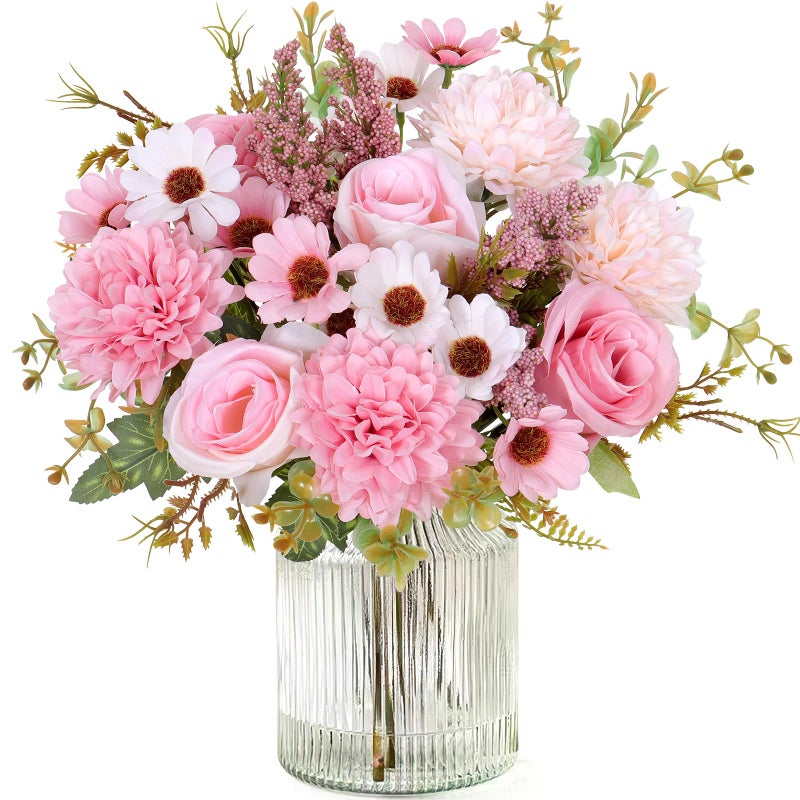 Dremisland Fake Flower Bouquets,2 Packs Silk Rose Daisy Bouquet Artificial Flower Arrangement Realistic Rose Bouquets for Centerpiece Table Wedding Party Kitchen Bride Home Decor (Pink, 2PCS) - Image 1
