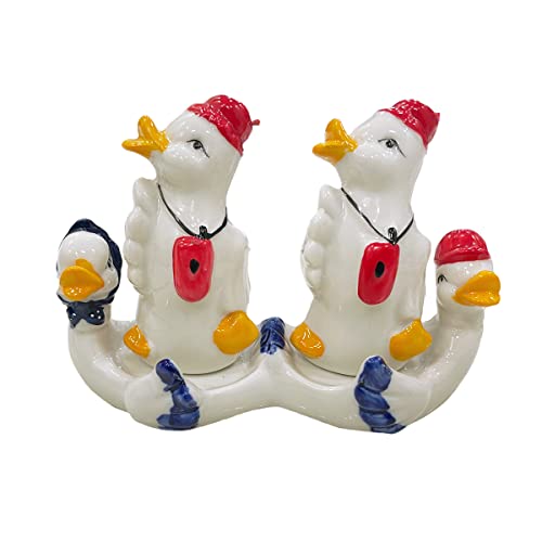Shopster Small 'Cute Hen Shaped' Dining Table Salt and Pepper Shakers, 2 Pieces, Green and Red with Basket (Hen with Apron) - Image 1