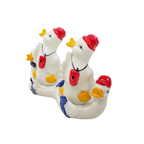 Shopster Small 'Cute Hen Shaped' Dining Table Salt and Pepper Shakers, 2 Pieces, Green and Red with Basket (Hen with Apron) - Image 5