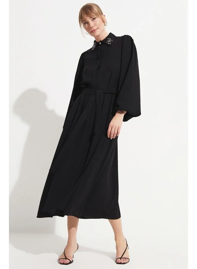 جون June Women Embroidered Detailed Long Dress Black