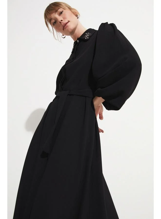 جون June Women Embroidered Detailed Long Dress Black