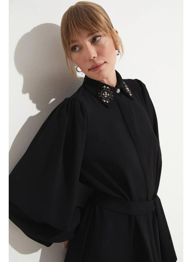 جون June Women Embroidered Detailed Long Dress Black