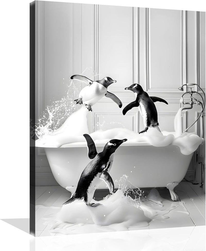 OWNANRTHM Funny Penguin Bathroom Canvas Wall Art - Image 1