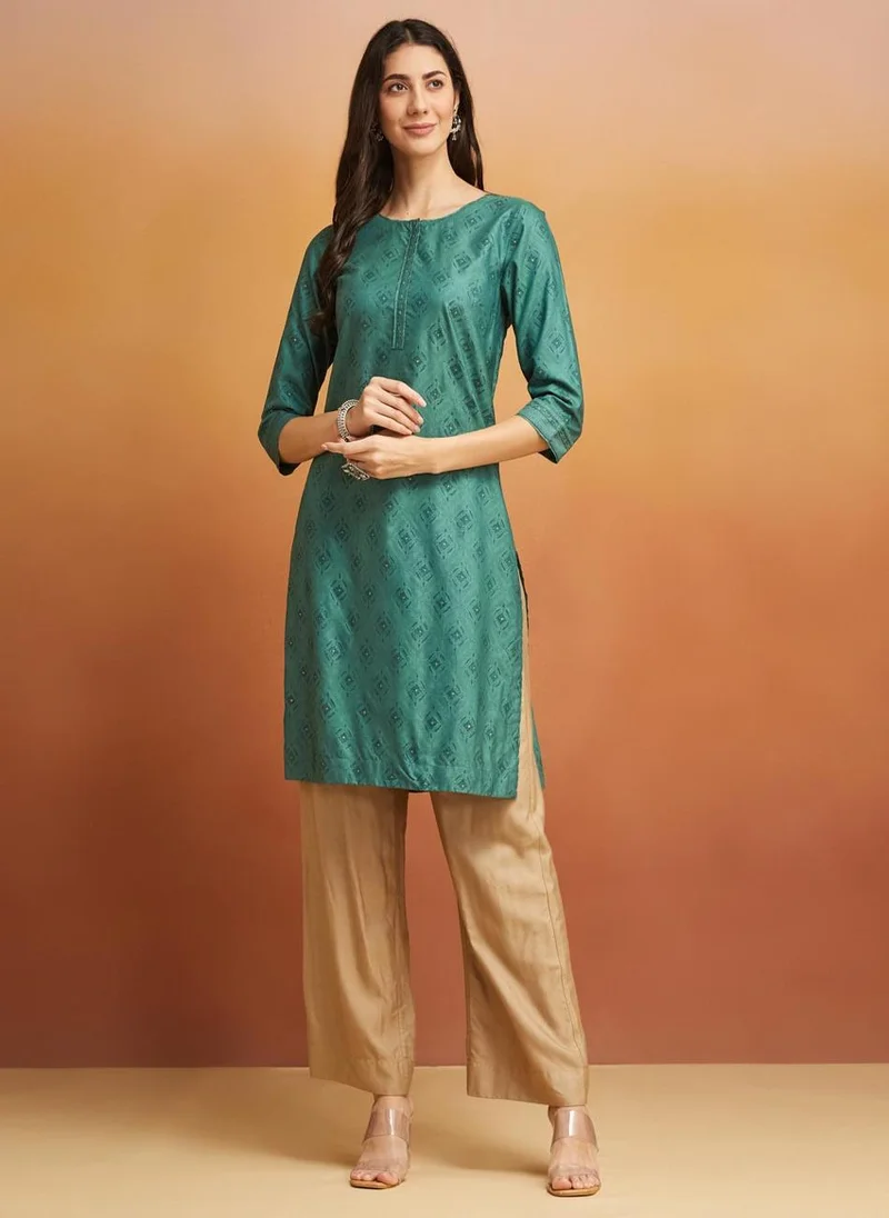 فاب انديا Turquoise Viscose Silk Hand Block Printed Knee Length Kurta