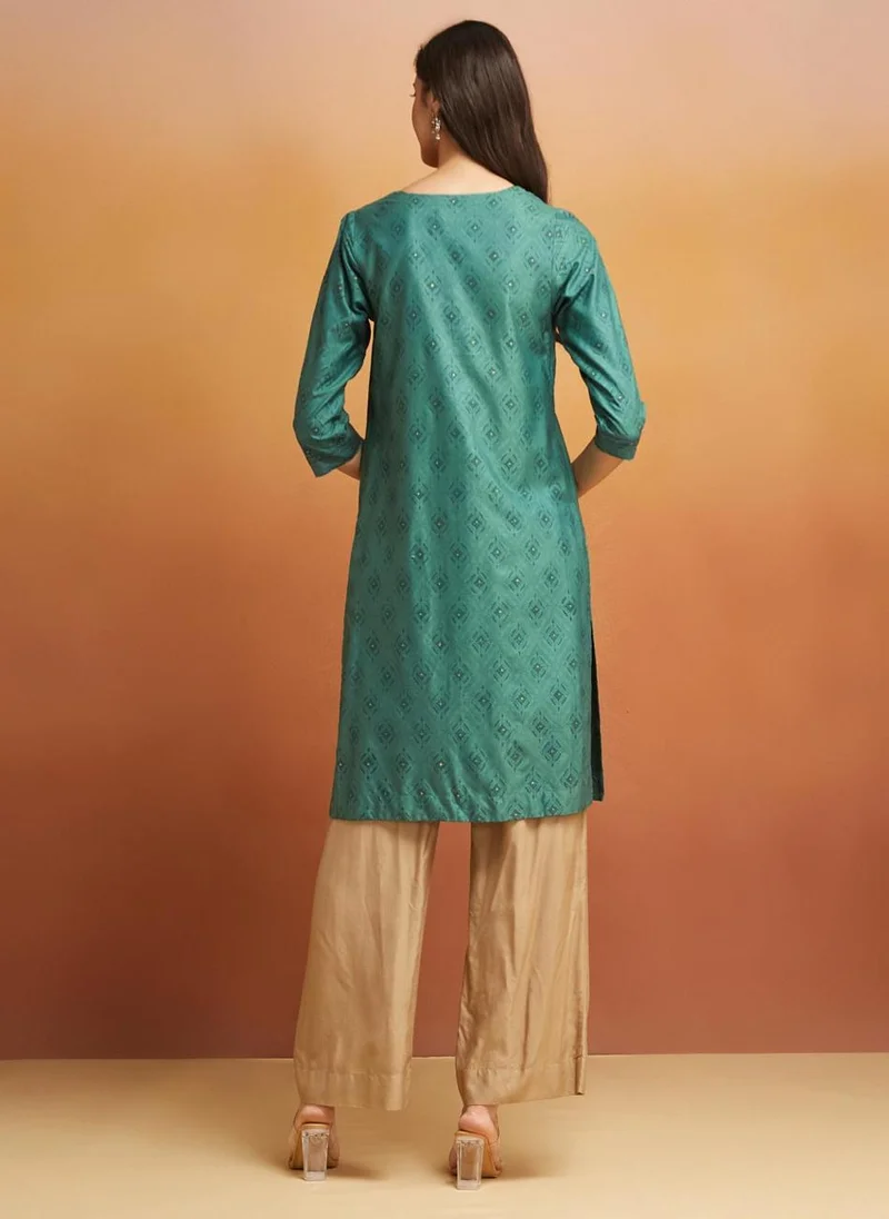 Fabindia Turquoise Viscose Silk Hand Block Printed Knee Length Kurta