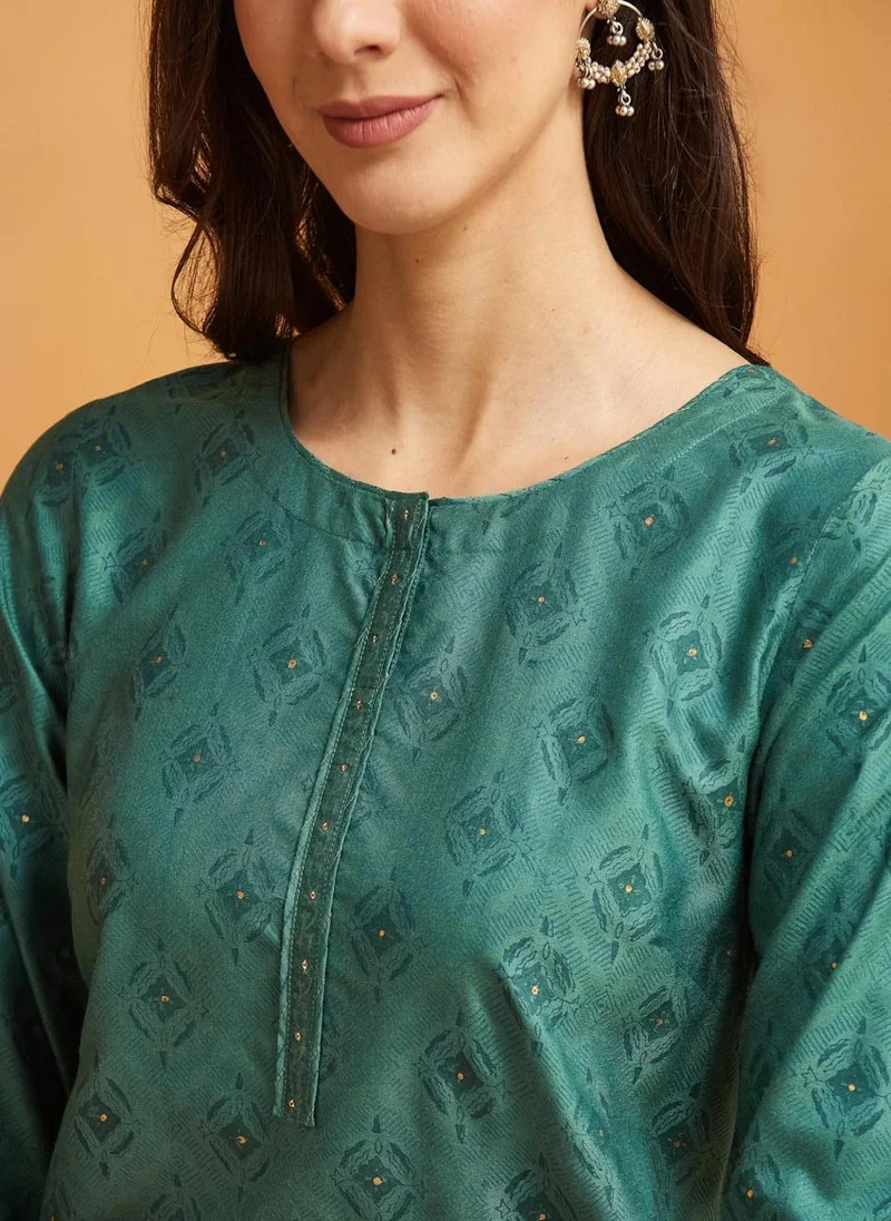 Fabindia Turquoise Viscose Silk Hand Block Printed Knee Length Kurta