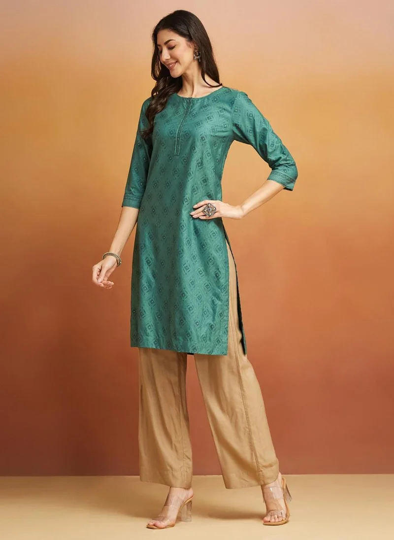 Fabindia Turquoise Viscose Silk Hand Block Printed Knee Length Kurta
