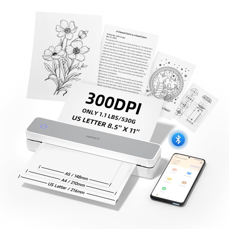 HPRT Portable Printer Wireless for Travel Support 85x11 US LetterA4 Thermal Paper 300 DPI Bluetooth Inkless Thermal Printer Compatible with Android and iOS Phone Laptop WhiteGrey - Image 2