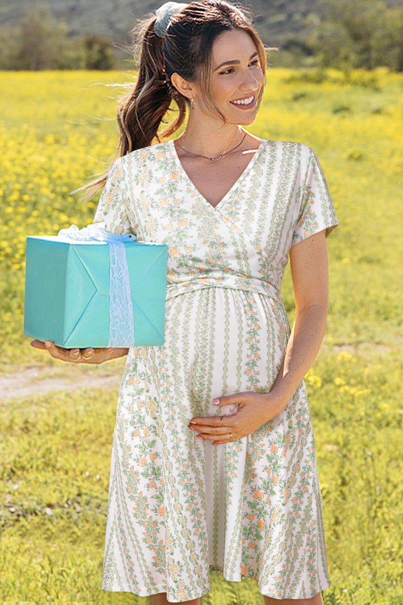OUGES Maternity Nursing Dress Breastfeeding Short Sleeve V Neck Casual Pregnancy Postpartum Dress Pockets(White Striped Floral,M) - Image 5