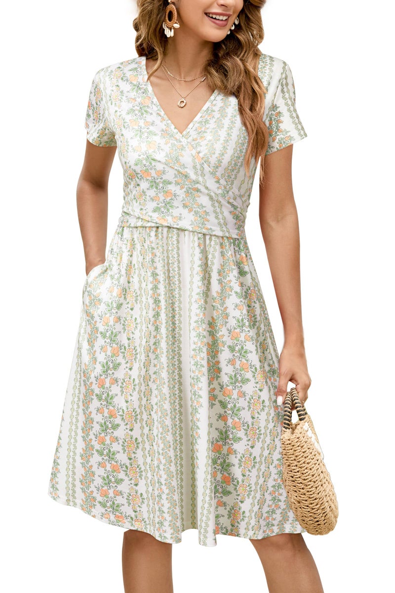 OUGES Maternity Nursing Dress Breastfeeding Short Sleeve V Neck Casual Pregnancy Postpartum Dress Pockets(White Striped Floral,M) - Image 1