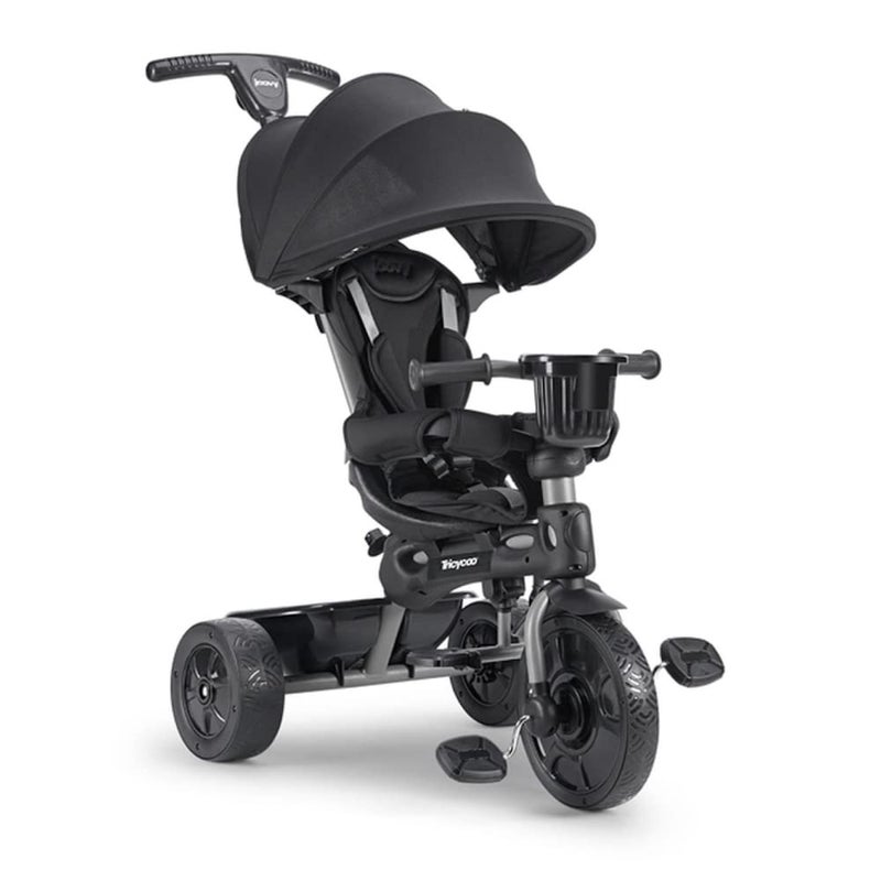 Joovy Joovy Tricycoo 41 Kids Tricycle with 4Stages Featuring ExtraWide Front Tire Removable and Adjustable Parent Handle Safety Harness MachineWashable Seat Pad and Retractable Canopy Black  - Image 1