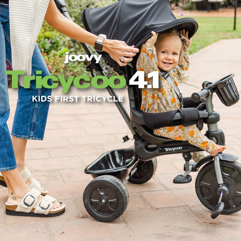 Joovy Joovy Tricycoo 41 Kids Tricycle with 4Stages Featuring ExtraWide Front Tire Removable and Adjustable Parent Handle Safety Harness MachineWashable Seat Pad and Retractable Canopy Black  - Image 2