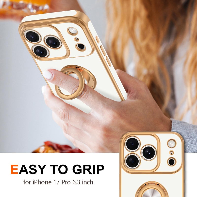 Hython for iPhone 17 Pro Case with Ring Stand, 360Â° Rotatable Ring Holder Magnetic Kickstand, Plating Rose Gold Edge Soft Cover Protective Phone Case for iPhone 17 Pro 6.3", White - Image 2