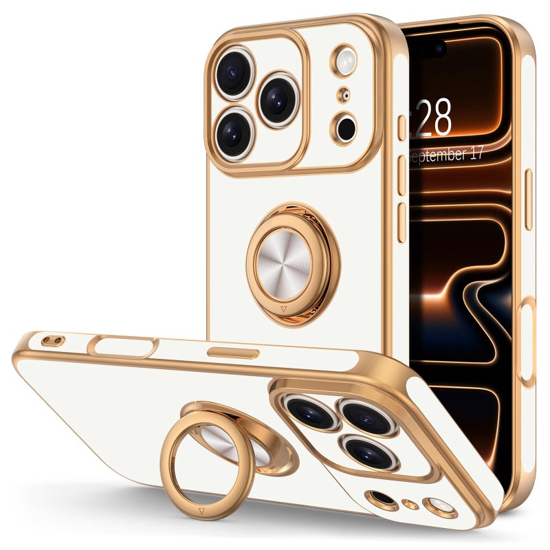 Hython for iPhone 17 Pro Case with Ring Stand, 360Â° Rotatable Ring Holder Magnetic Kickstand, Plating Rose Gold Edge Soft Cover Protective Phone Case for iPhone 17 Pro 6.3", White - Image 1