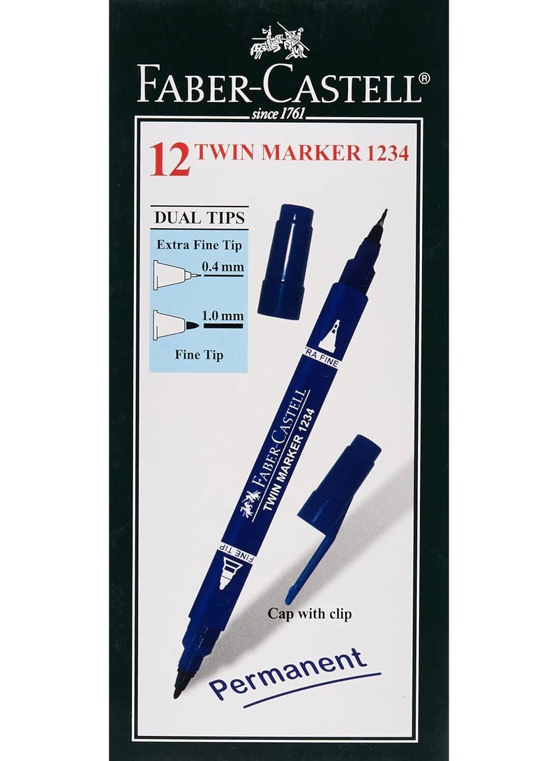 فابير كاستل Faber-Castell DOUBLE SIDED PERMANENT MARKER BOX OF 12PC BLUE,Twin Markers - Image 2