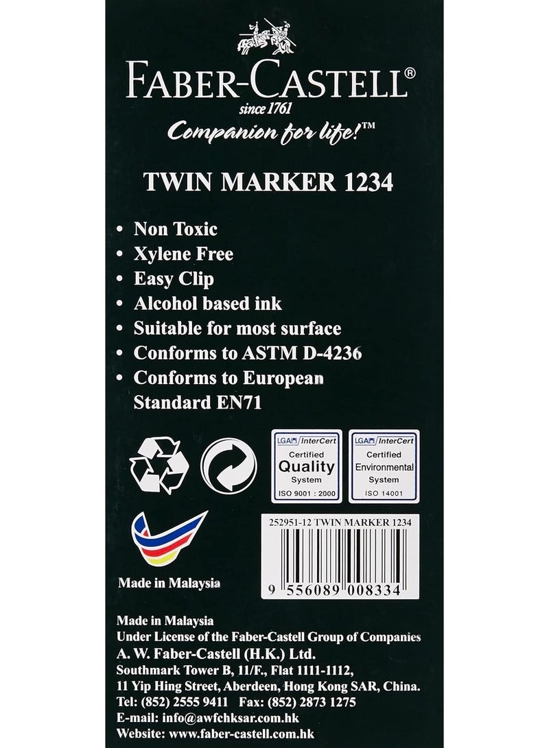 فابير كاستل Faber-Castell DOUBLE SIDED PERMANENT MARKER BOX OF 12PC BLUE,Twin Markers - Image 3