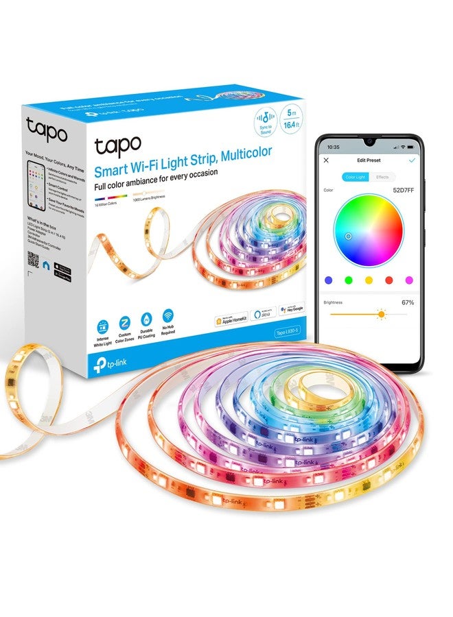 تابو شريط إضاءة LED ذكي Tapo L930-5 RGBWIC بطول 16.4 قدم، 1000 لومن، 16 مليون لون قابل للتعتيم، 50 منطقة لونية، متوافق مع Apple HomeKit/Alexa/Google Home، مزامنة مع الصوت، طلاء PU مقاوم للماء والغبار بمعيار IP44، قابل للقص، أبيض - Image 1