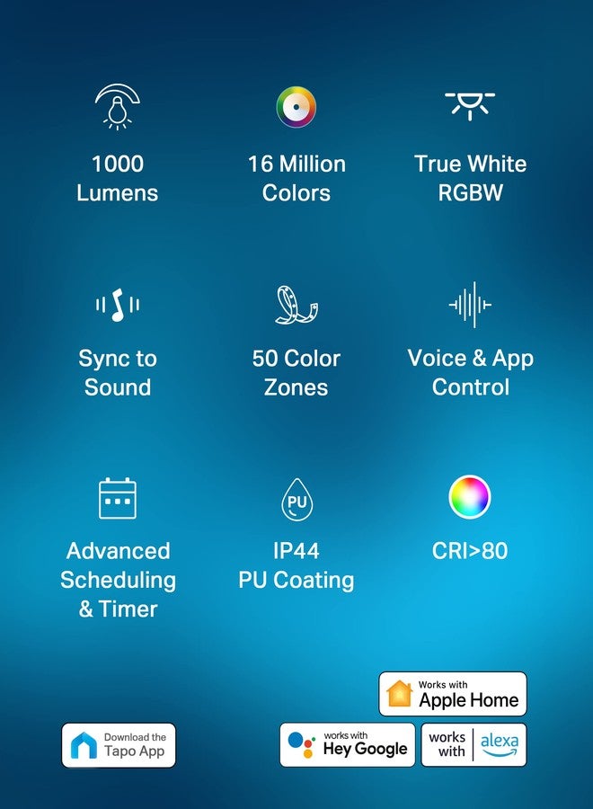 تابو شريط إضاءة LED ذكي Tapo L930-5 RGBWIC بطول 16.4 قدم، 1000 لومن، 16 مليون لون قابل للتعتيم، 50 منطقة لونية، متوافق مع Apple HomeKit/Alexa/Google Home، مزامنة مع الصوت، طلاء PU مقاوم للماء والغبار بمعيار IP44، قابل للقص، أبيض - Image 2