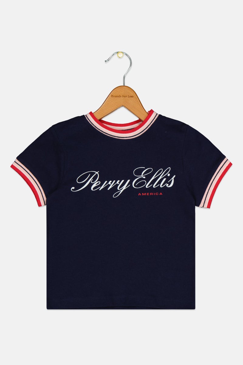 PERRY ELLIS Toddlers Girl Crew Neck Short Sleeve Brand Logo Top, Navy - Image 1