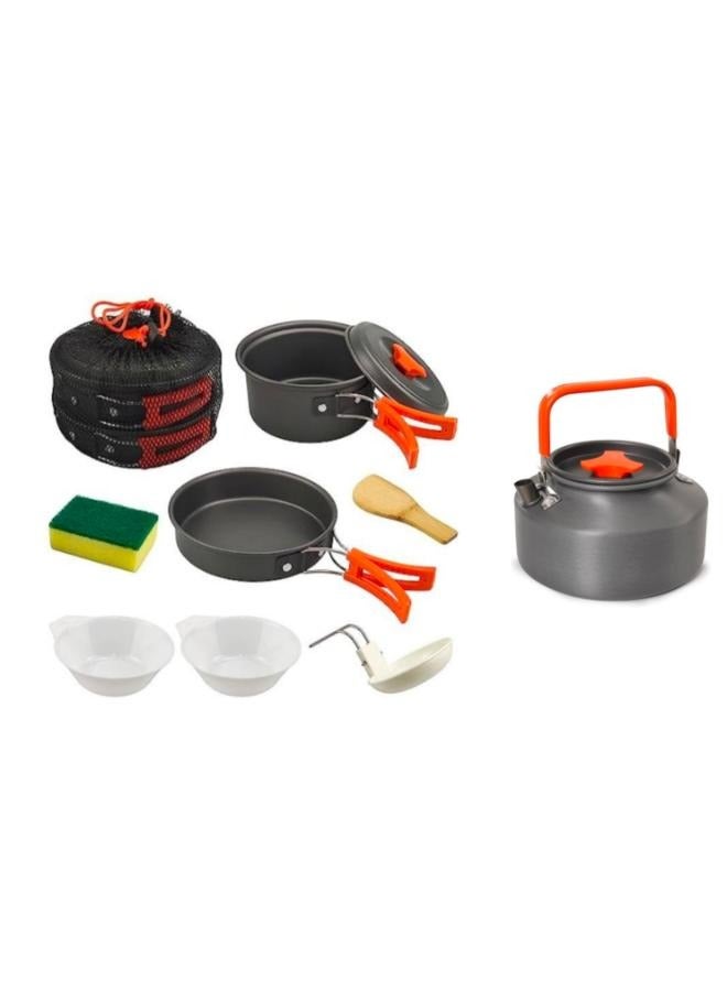 مجموعة تجهيزات المطابخ للتخييم لعدد 2-3 أشخاص وعاء للتخييم مع غلاية إبريق شاي سعة 1.1 لتر للتخييم في الهواء الطلق، مجموعة أوعية الطبخ للتخييم من الألومنيوم، مجموعة أدوات طهي للتخييم، أوعية للتنزه سيرًا على الأقدام والرحلات - Image 1