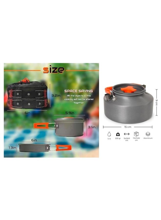 مجموعة تجهيزات المطابخ للتخييم لعدد 2-3 أشخاص وعاء للتخييم مع غلاية إبريق شاي سعة 1.1 لتر للتخييم في الهواء الطلق، مجموعة أوعية الطبخ للتخييم من الألومنيوم، مجموعة أدوات طهي للتخييم، أوعية للتنزه سيرًا على الأقدام والرحلات - Image 2