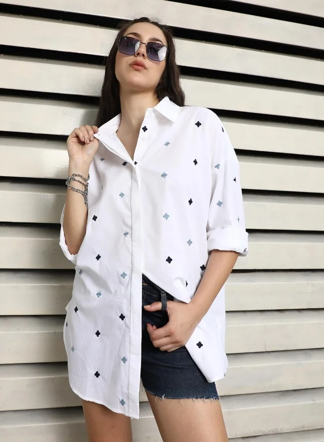 HIGH STAR Women's White 100% Cotton Embroidered Button Down Oversized Shirt