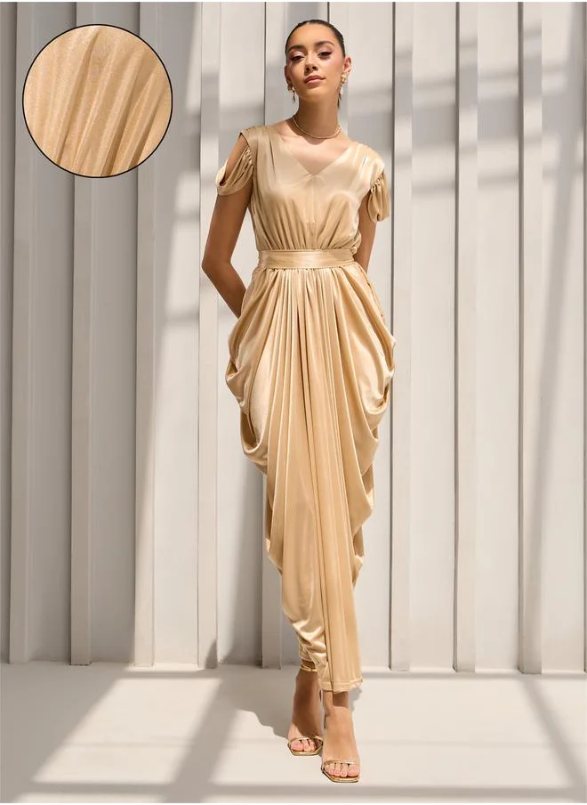 ستايلي Draped Cold Shoulder Sheath Maxi Dress