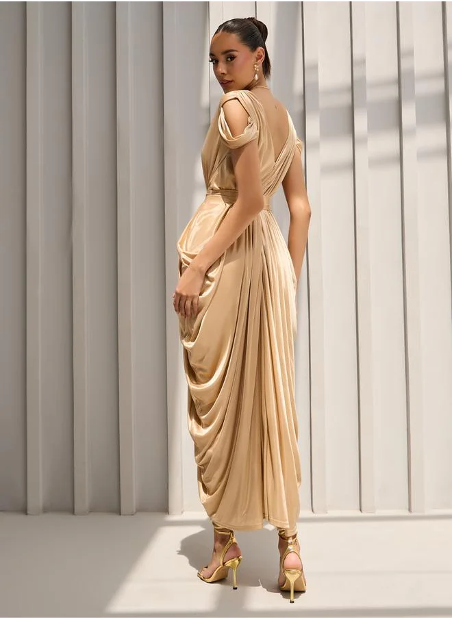 Styli Draped Cold Shoulder Sheath Maxi Dress
