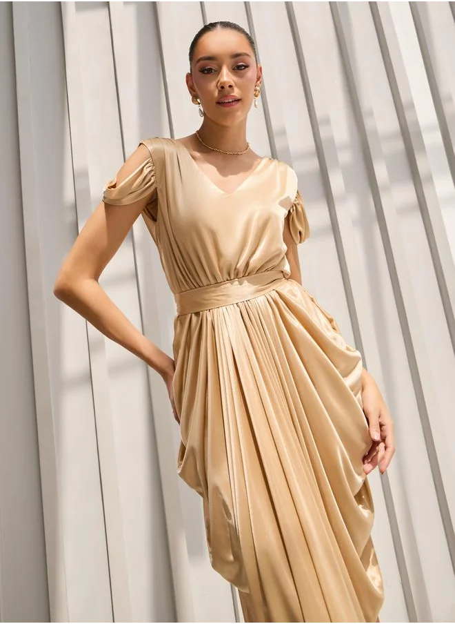 Styli Draped Cold Shoulder Sheath Maxi Dress