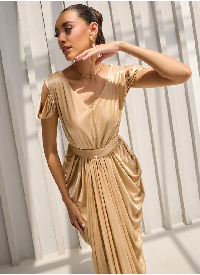 Styli Draped Cold Shoulder Sheath Maxi Dress