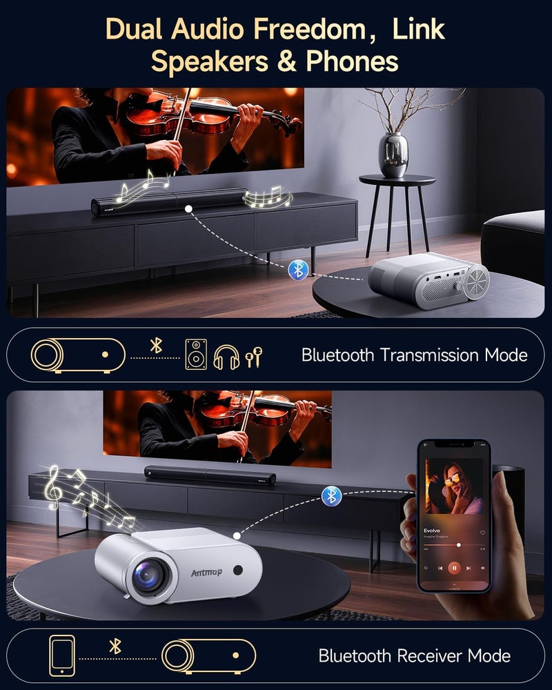 Projector with WiFi and Bluetooth, Mini Projector for Phone Native 1080P Bluetooth Projector Wireless WiFi Projector Compatible with Phone/Tablet/Laptop/TV Stick/Game Console - Image 4