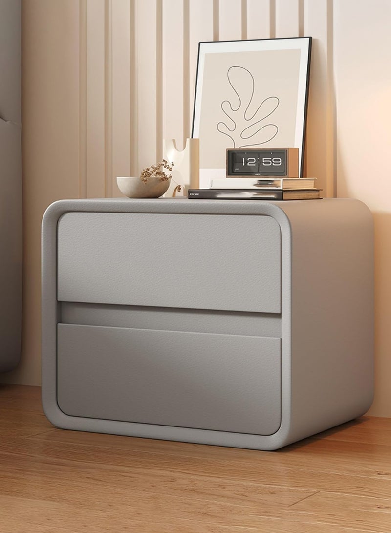 شو وو طاولة سرير جانبية حديثة من طبقتين، طاولة جانبية بدون تركيب، طاولة جانبية، طاولة جانبية نهائية، خزانة تخزين بجانب السرير، خزانة تخزين منزلية مجمعة بالكامل مع لمسة نهائية من الجلد، درجان خشبيان - Image 1