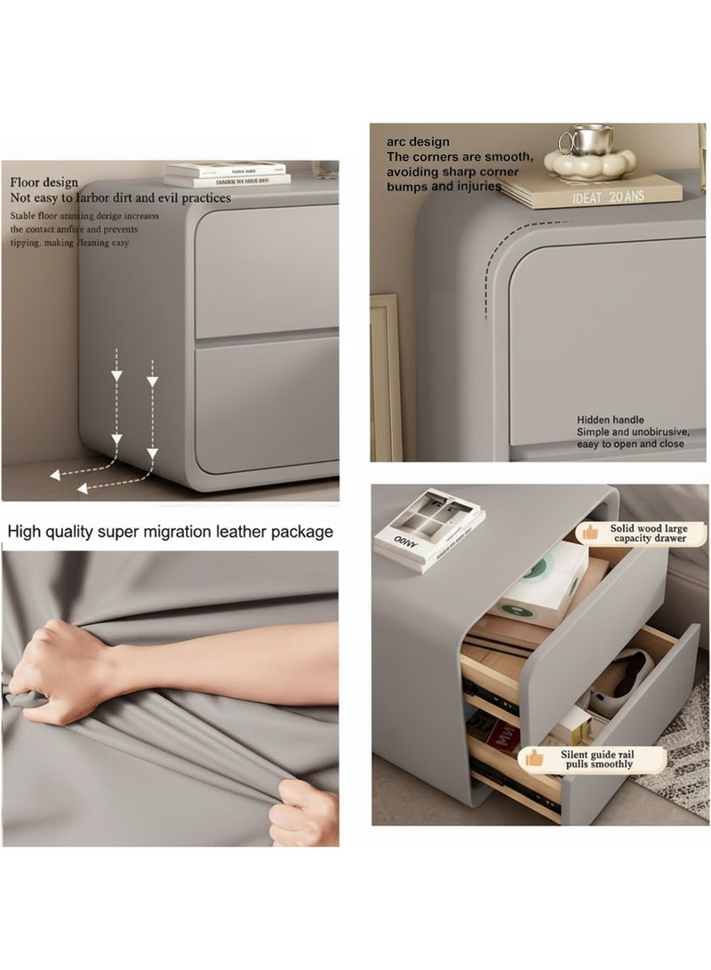 شو وو طاولة سرير جانبية حديثة من طبقتين، طاولة جانبية بدون تركيب، طاولة جانبية، طاولة جانبية نهائية، خزانة تخزين بجانب السرير، خزانة تخزين منزلية مجمعة بالكامل مع لمسة نهائية من الجلد، درجان خشبيان - Image 4