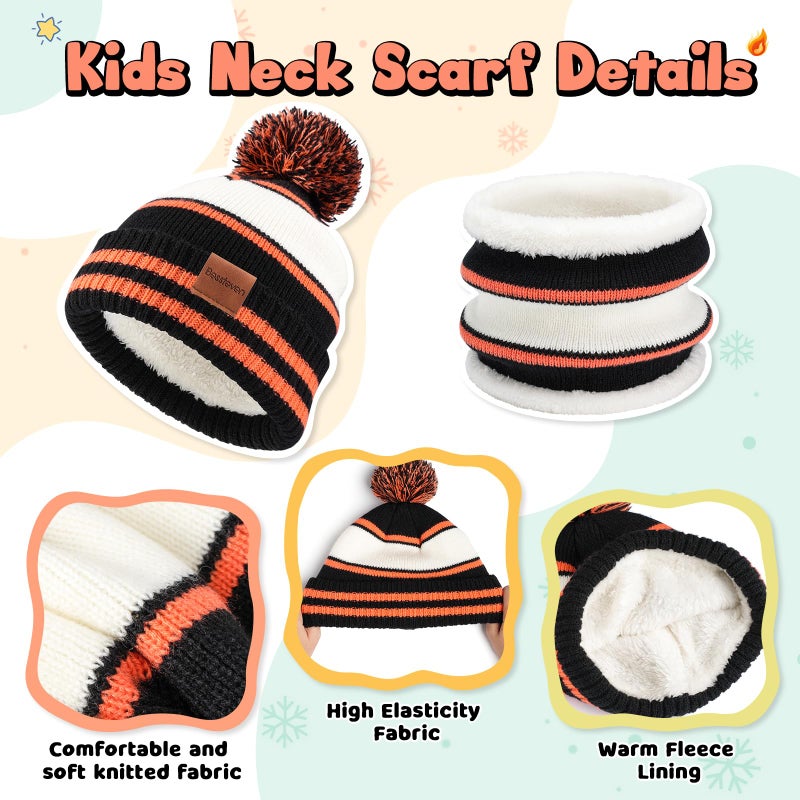 Bessteven Kids Winter Hat Scarf Gloves: Boys Beanie Hats Gloves Set for 6-10 Years Old Warm Thick Fleece Lined Winter Set with Pom Pom Knit Cap Neck Warmer for Child Grandson Gift Snow Play - Black & Orange - Image 3