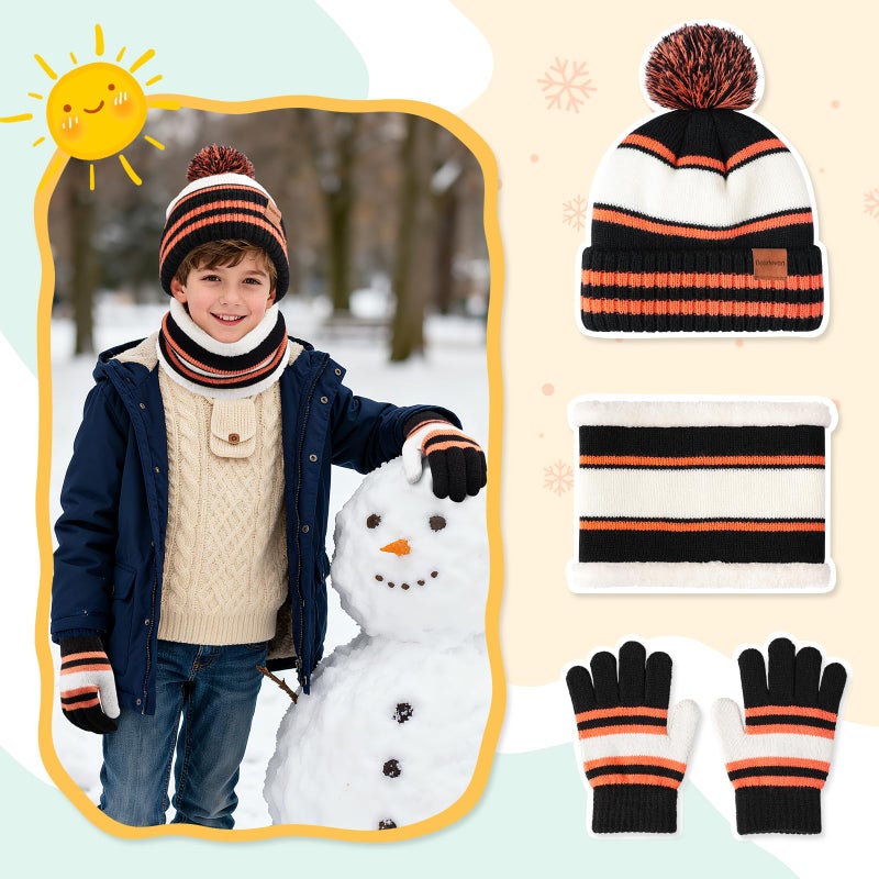 Bessteven Kids Winter Hat Scarf Gloves: Boys Beanie Hats Gloves Set for 6-10 Years Old Warm Thick Fleece Lined Winter Set with Pom Pom Knit Cap Neck Warmer for Child Grandson Gift Snow Play - Black & Orange - Image 2