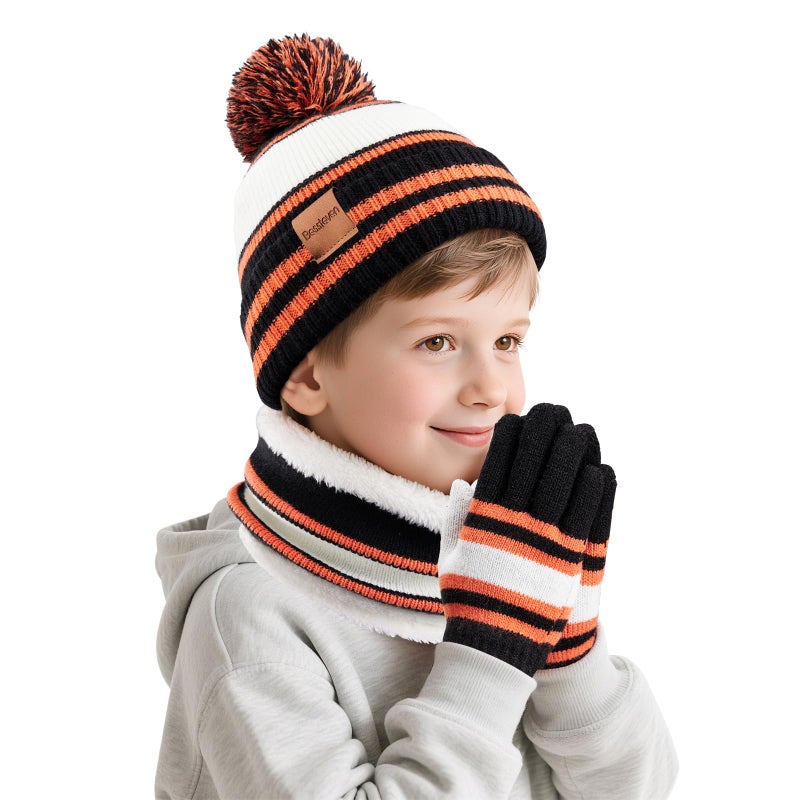 Bessteven Kids Winter Hat Scarf Gloves: Boys Beanie Hats Gloves Set for 6-10 Years Old Warm Thick Fleece Lined Winter Set with Pom Pom Knit Cap Neck Warmer for Child Grandson Gift Snow Play - Black & Orange - Image 1