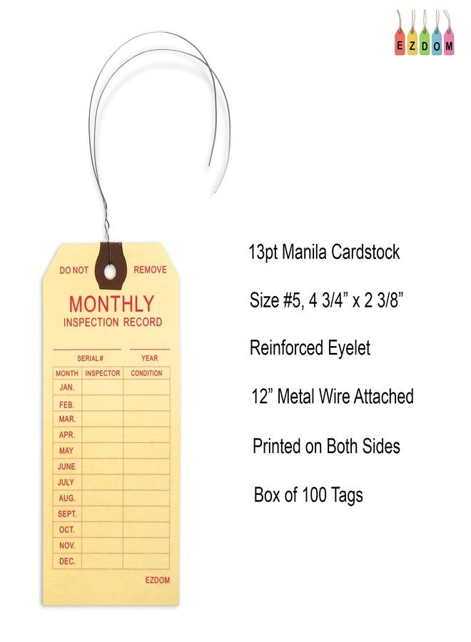 EZDOM Fire Extinguisher Monthly Inspection Tags - 4 3/4" x 2 3/8" - Box of 100 Manila Service Tags with Wire Ties Attached for Indoor Only - Image 2