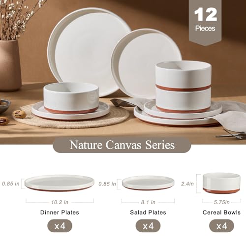 LIANYU Plates and Bowls Sets, 12 Pieces Stoneware Dinnerware Set for 4, Modern Kitchen Dinner Set Ceramic Dishware Dishes Set, Microwave and Dishwasher Safe, Cloud White - Image 2