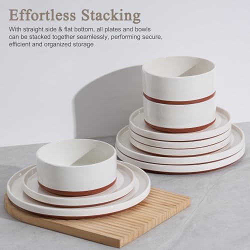LIANYU Plates and Bowls Sets, 12 Pieces Stoneware Dinnerware Set for 4, Modern Kitchen Dinner Set Ceramic Dishware Dishes Set, Microwave and Dishwasher Safe, Cloud White - Image 5