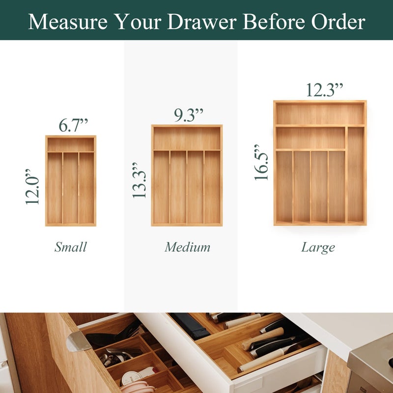 BEKVEM Bamboo Silverware Organizer, Kitchen Drawer Organizer, Utensil Holder, Cutlery Tray & Spoon Flatware Storage with Grooved Drawer Dividers (9.5''W x 13.5''D) - Image 2
