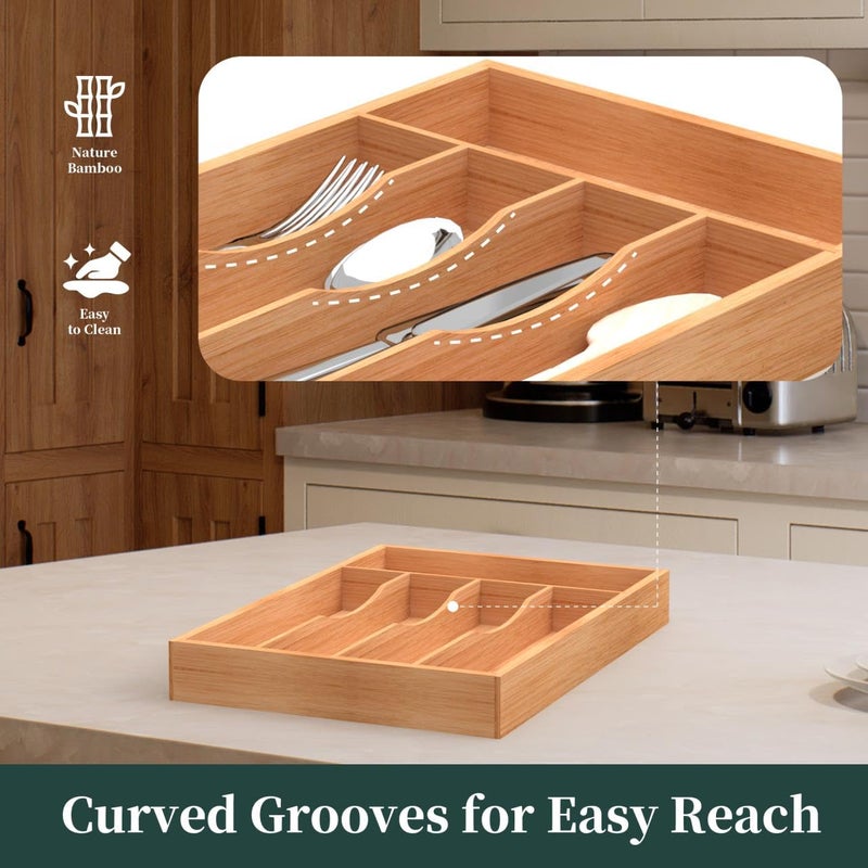 BEKVEM Bamboo Silverware Organizer, Kitchen Drawer Organizer, Utensil Holder, Cutlery Tray & Spoon Flatware Storage with Grooved Drawer Dividers (9.5''W x 13.5''D) - Image 4