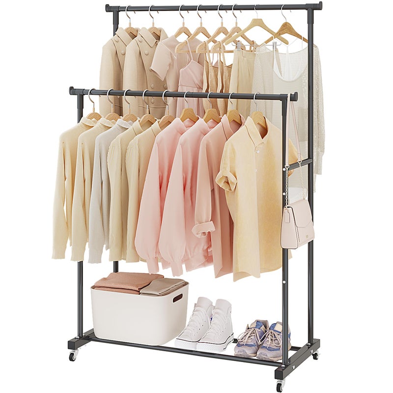 Calmootey Double Rods Clothes Garment Rack Rolling Clothing Rack for Hanging Clothes Coat Storage Organizer for Bedroom Livingroom Apartments Black