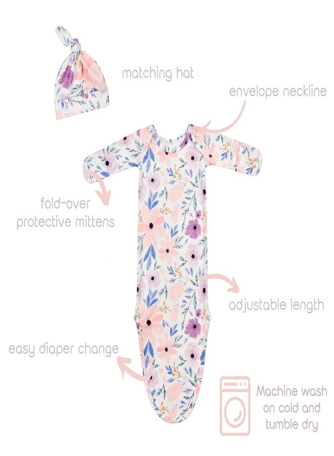 Vollmic Newborn Baby Cotton Sleeper Knotted Gown with Mittens Long Sleeve Nightgown Coming Home Outfit with Hat 2 Pieces (US, Age, 0 Months, 3 Months, Purple and Pink) - Image 2