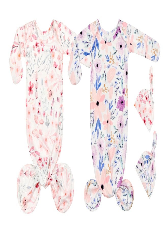 Vollmic Newborn Baby Cotton Sleeper Knotted Gown with Mittens Long Sleeve Nightgown Coming Home Outfit with Hat 2 Pieces (US, Age, 0 Months, 3 Months, Purple and Pink) - Image 1