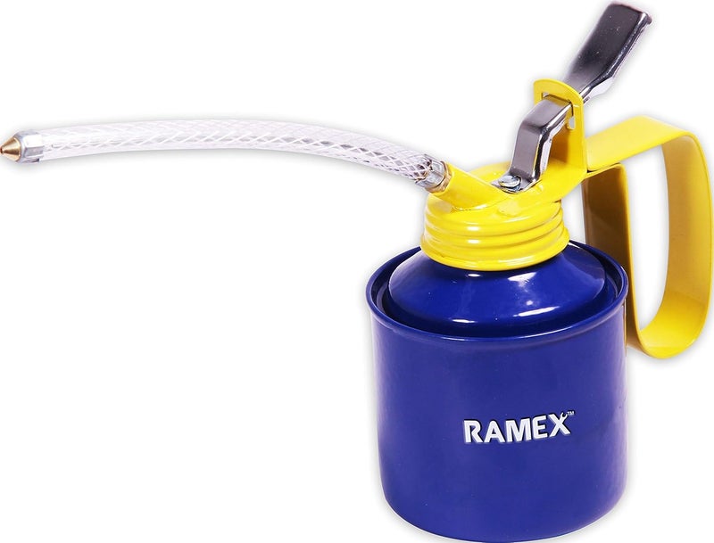 Ramex Multipurpose Metal Oil Can, Oil Can Pump Oiler with 2 Spouts, fixed and flexible, for All Lubrication Need of Car, Bike, Machine & Industrial use -1/2 Pint Capacity. Glossy Blue & Yellow Oil Can - Image 3