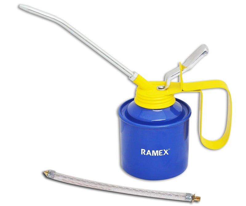 Ramex Multipurpose Metal Oil Can, Oil Can Pump Oiler with 2 Spouts, fixed and flexible, for All Lubrication Need of Car, Bike, Machine & Industrial use -1/2 Pint Capacity. Glossy Blue & Yellow Oil Can - Image 1
