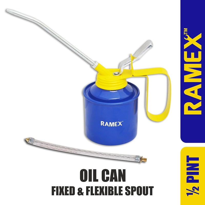 Ramex Multipurpose Metal Oil Can, Oil Can Pump Oiler with 2 Spouts, fixed and flexible, for All Lubrication Need of Car, Bike, Machine & Industrial use -1/2 Pint Capacity. Glossy Blue & Yellow Oil Can - Image 2
