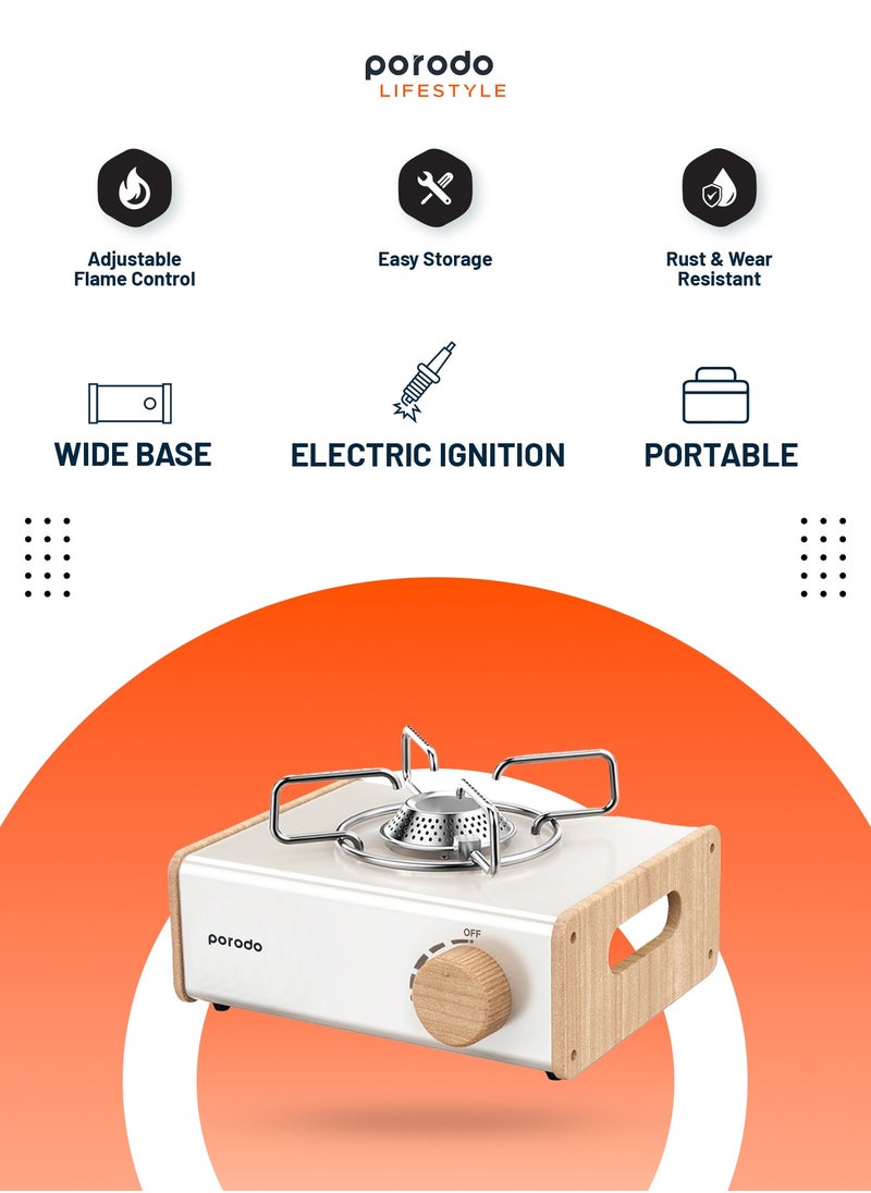 porodo - Camping Portable Single Burner Gas Stove with High Combustion 2800W Power and 4 Flame Adjustment / Electric Ignition / for Outdoor and Travel - Light Brown - Image 1