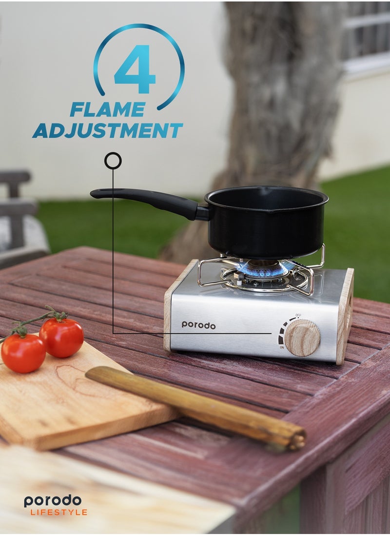 porodo - Camping Portable Single Burner Gas Stove with High Combustion 2800W Power and 4 Flame Adjustment / Electric Ignition / for Outdoor and Travel - Light Brown - Image 1